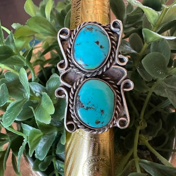 Vintage Sterling Silver Turquoise Double Stone Knuckle Buster Ring NA Size: 8 - Picture 3 of 10
